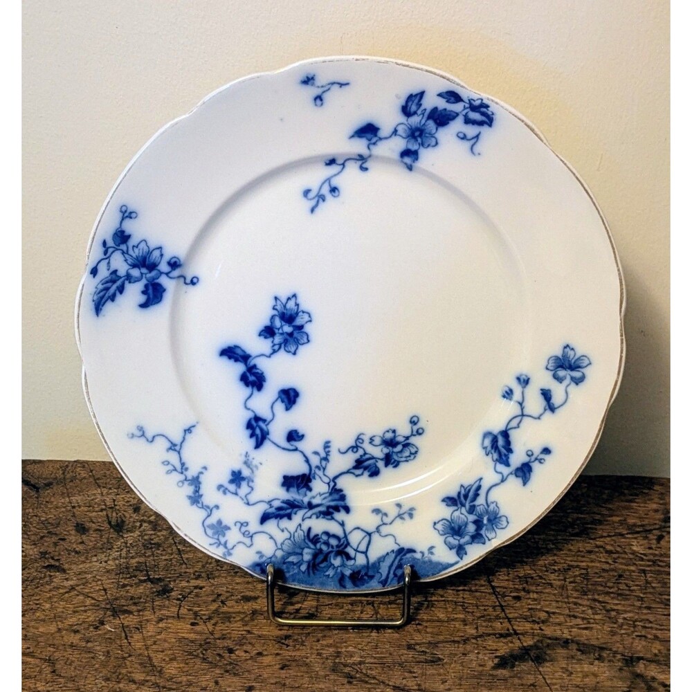 Antique W.H. Grindley Flow Blue 10" Dinner Plate - Duchess Pattern, Gilt Rim...